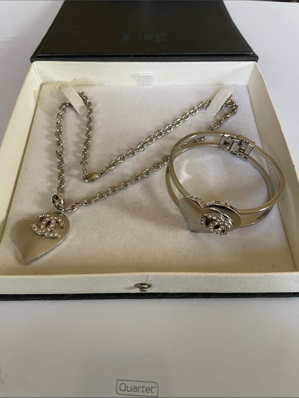Heart Pendant Necklace and Matching Heart Bangle in Silver Tone